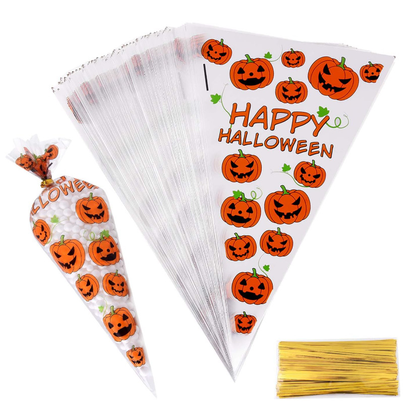 100pcs Counts Pumkin Cone Bag Halloween Pumpkin Patterned Cone Cellophane Bags Treat Candy Bags(841L) - Image 17