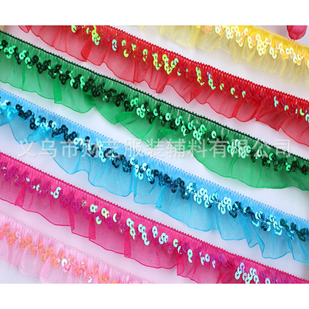 1yard 30mm Stretch Lace Trims Elastic Ribbon Stage Performance Party Cosplay Wedding Clothes DIY Sewing蕾丝褶皱木耳亮片花边(4004L) - Image 8