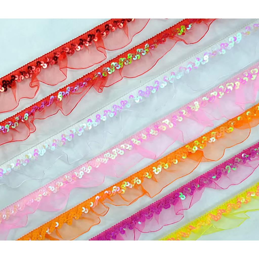 1yard 30mm Stretch Lace Trims Elastic Ribbon Stage Performance Party Cosplay Wedding Clothes DIY Sewing蕾丝褶皱木耳亮片花边(4004L)