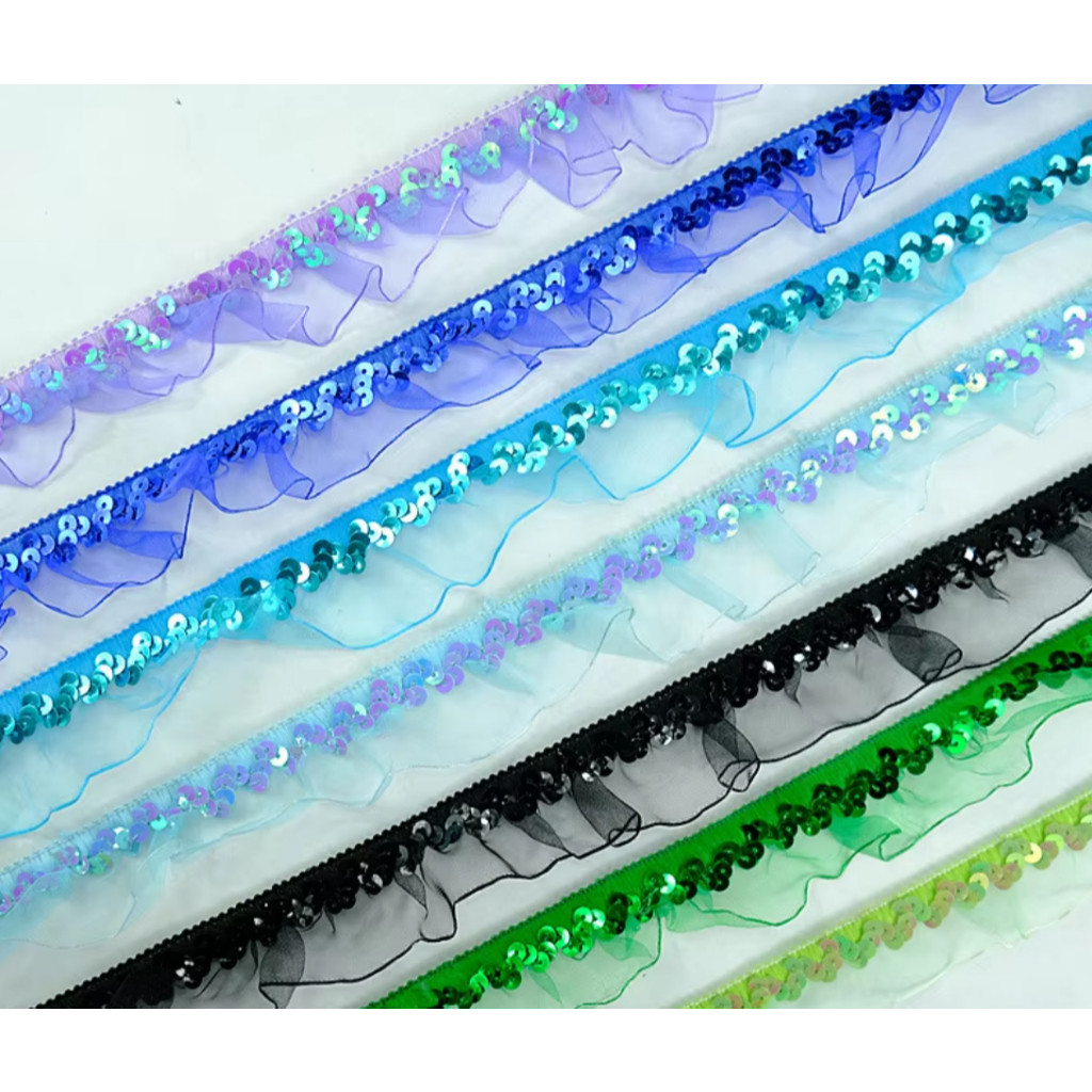 1yard 30mm Stretch Lace Trims Elastic Ribbon Stage Performance Party Cosplay Wedding Clothes DIY Sewing蕾丝褶皱木耳亮片花边(4004L) - Image 2