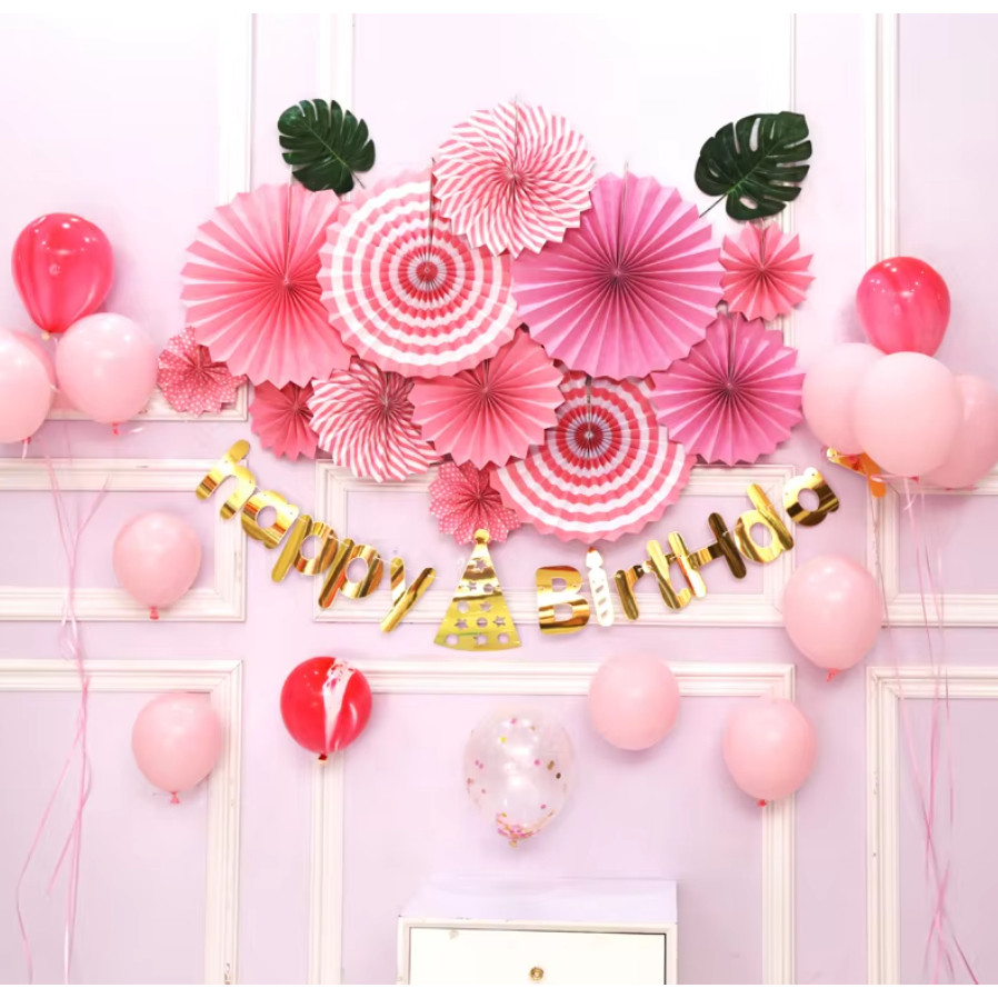 Birthday party paper flower ball paper fan set birthday pull flag party activity(302L)