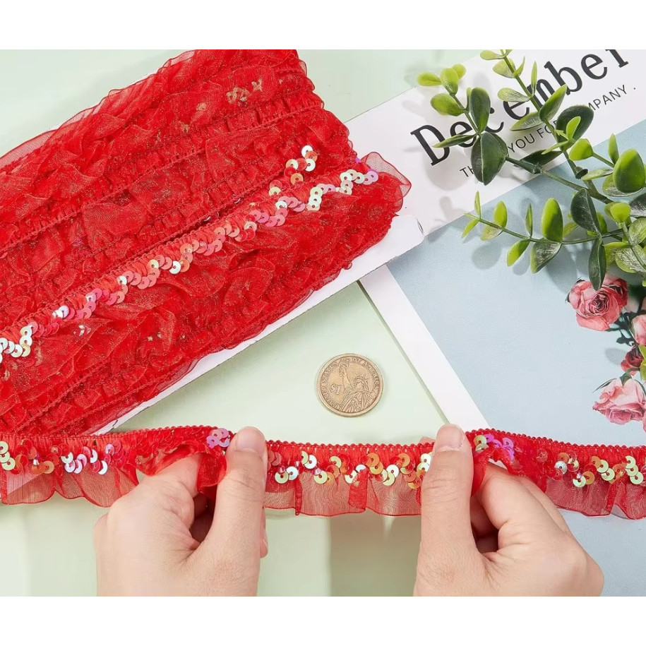 1yard 30mm Stretch Lace Trims Elastic Ribbon Stage Performance Party Cosplay Wedding Clothes DIY Sewing蕾丝褶皱木耳亮片花边(4004L) - Image 6