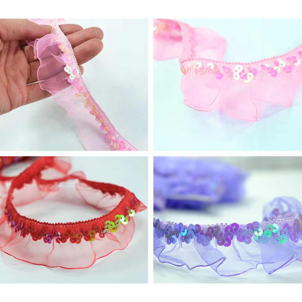 1yard 30mm Stretch Lace Trims Elastic Ribbon Stage Performance Party Cosplay Wedding Clothes DIY Sewing蕾丝褶皱木耳亮片花边(4004L) - Image 3