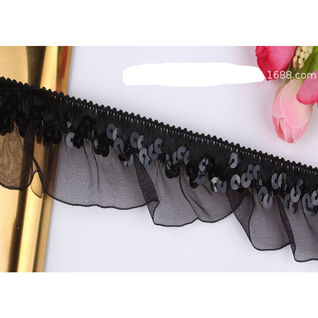 1yard 30mm Stretch Lace Trims Elastic Ribbon Stage Performance Party Cosplay Wedding Clothes DIY Sewing蕾丝褶皱木耳亮片花边(4004L) - Image 9