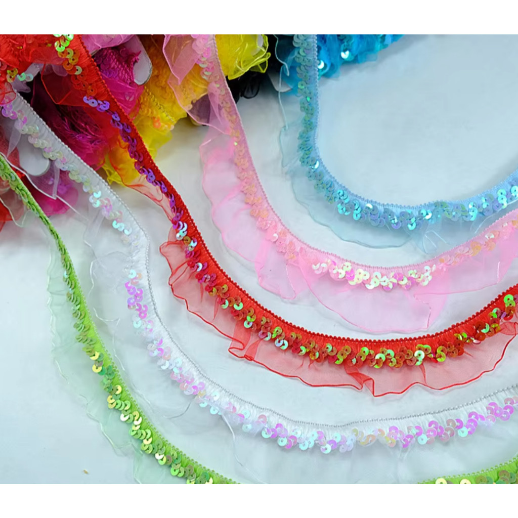 1yard 30mm Stretch Lace Trims Elastic Ribbon Stage Performance Party Cosplay Wedding Clothes DIY Sewing蕾丝褶皱木耳亮片花边(4004L) - Image 4