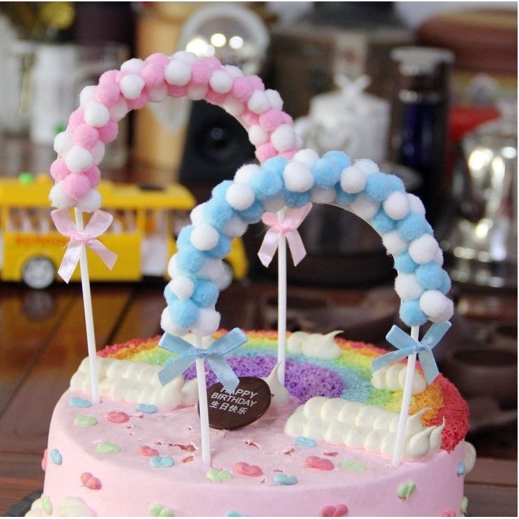 Happy Birthday Cake Topper Soft Pompom Cloud Cake Decorations Baby Shower DIY Cake Top Flags 拱门毛球生日烘培蛋糕插卡(734L) - Image 6