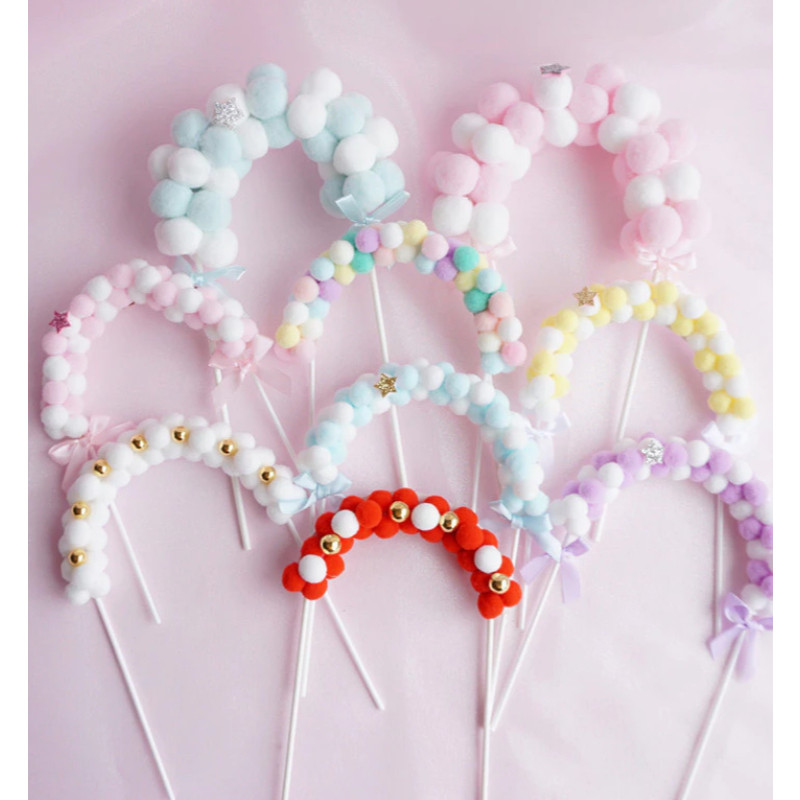 Happy Birthday Cake Topper Soft Pompom Cloud Cake Decorations Baby Shower DIY Cake Top Flags 拱门毛球生日烘培蛋糕插卡(734L) - Image 3