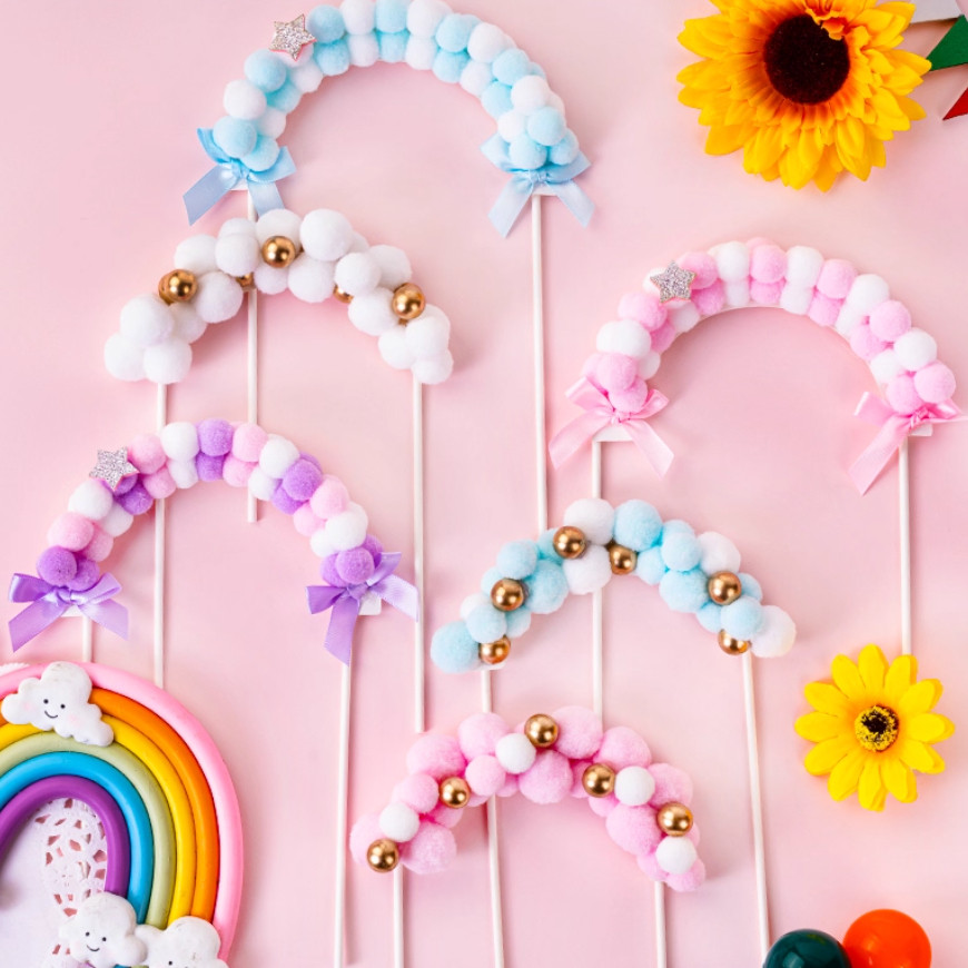 Happy Birthday Cake Topper Soft Pompom Cloud Cake Decorations Baby Shower DIY Cake Top Flags 拱门毛球生日烘培蛋糕插卡(734L)