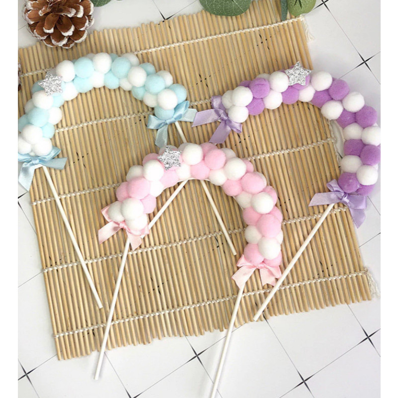Happy Birthday Cake Topper Soft Pompom Cloud Cake Decorations Baby Shower DIY Cake Top Flags 拱门毛球生日烘培蛋糕插卡(734L) - Image 4