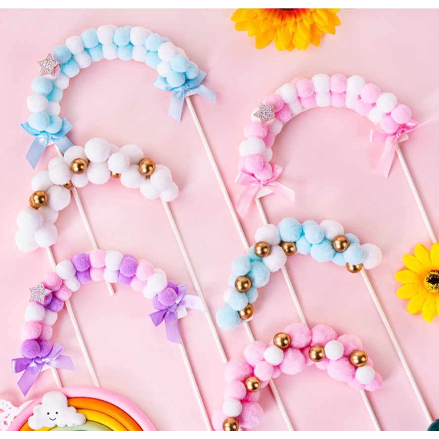 Happy Birthday Cake Topper Soft Pompom Cloud Cake Decorations Baby Shower DIY Cake Top Flags 拱门毛球生日烘培蛋糕插卡(734L) - Image 2