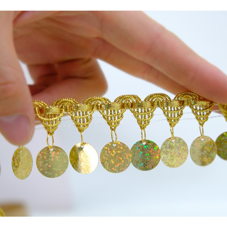 1yard Belly Dance Tassel with Bling Sequins Coins Gold Silver Polyester Curtain Decoration SequinTassel Trim 金银花边 (2974L - Image 10