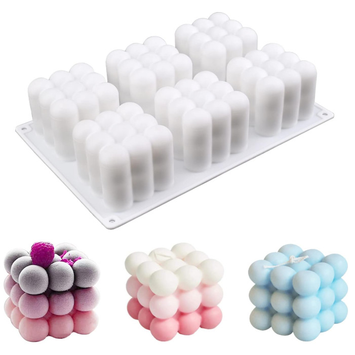 1/6Cavity 3D Bubble Cube Silicone Mold for Candles Soap Making, Bubble Cake Mold for Baking Dessert Mousse Cake(3206L)