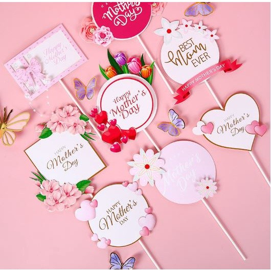 1pc Cake Topper Pink Heart Flower Decoration Happy Mother`s Day Cake Toppers For Birthday Gift Cupcake 母亲节我爱妈妈插牌(2018L)