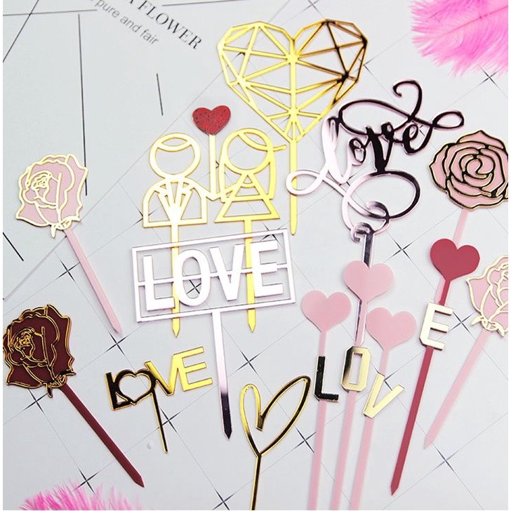 LOVE Wedding Acrylic roses Cake Topper Pink Red Love Heart Cupcake Topper(416L)