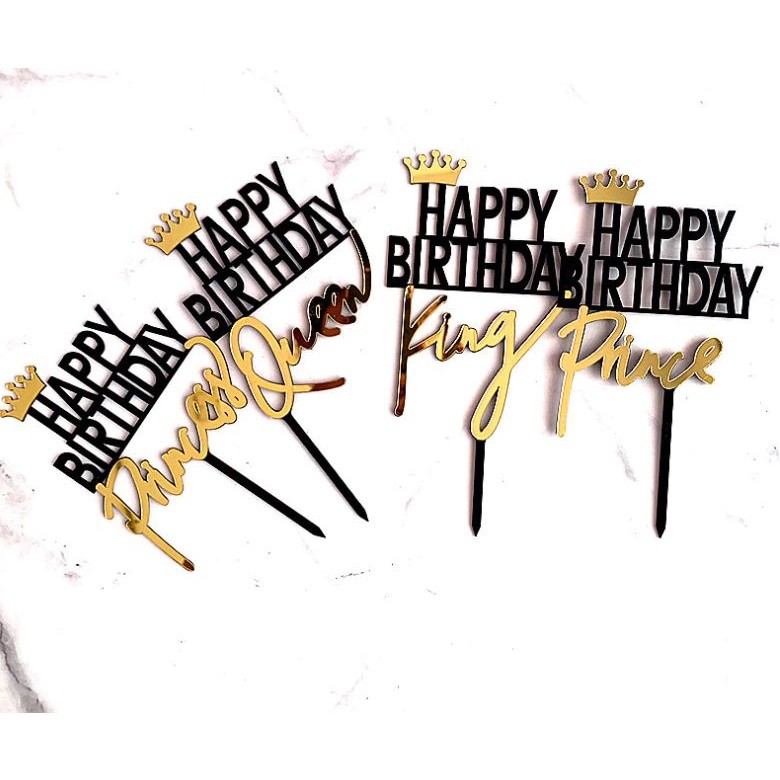 Gold Crown Queen King Princess Prince Black Acrylic Happy Birthday Cake Topper Child Adult Favors Party Cake (1026L) - Image 2