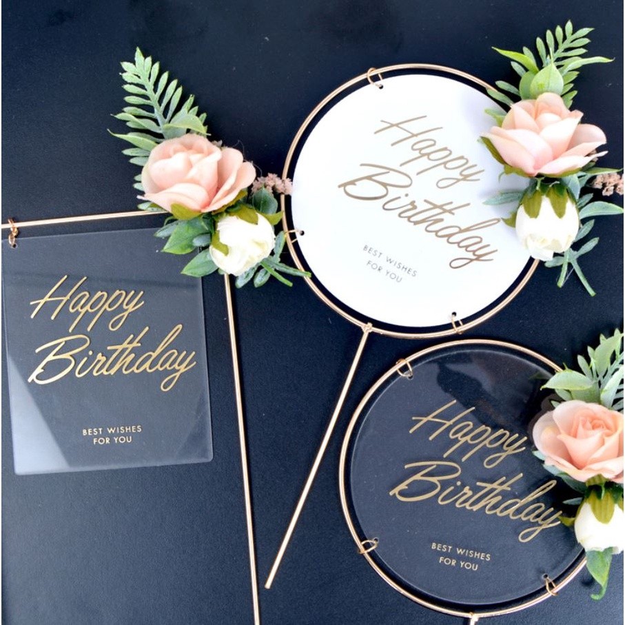 1pc Metal Happy Birthday Cake Topper Artificial flowers Cake Toppers For DIY Baby Shower Birthday(742L) - Image 2