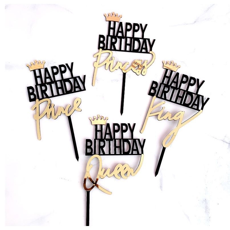 Gold Crown Queen King Princess Prince Black Acrylic Happy Birthday Cake Topper Child Adult Favors Party Cake (1026L)