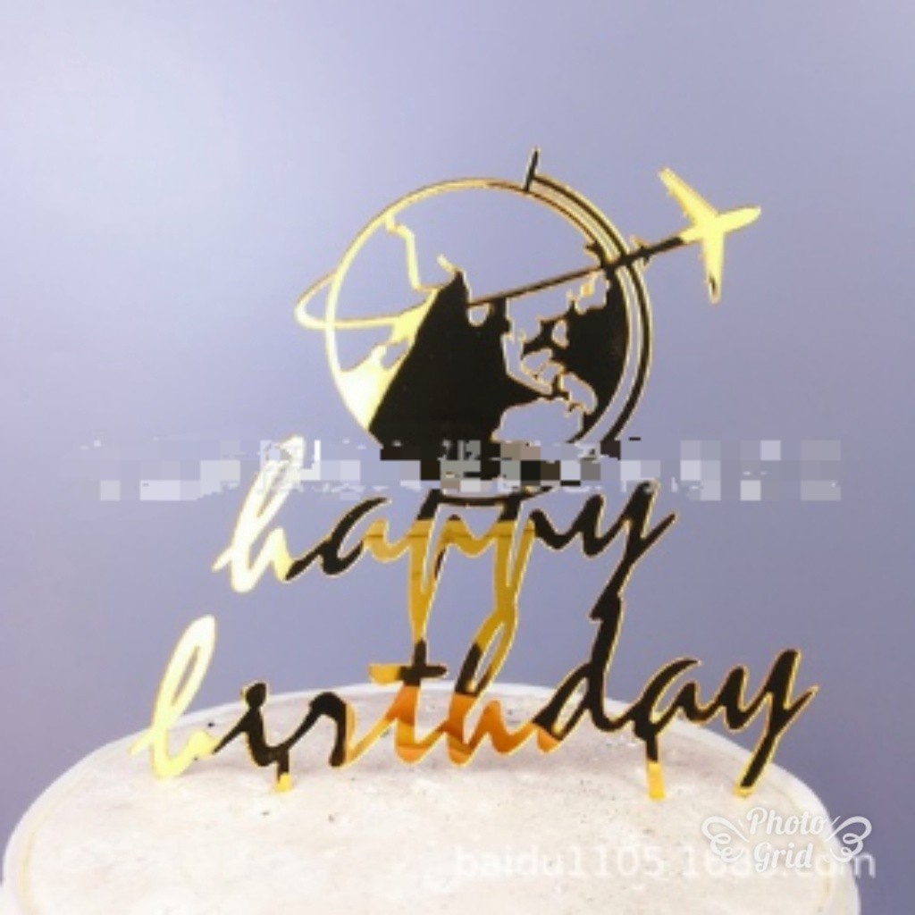 Happy Birthday Airplane Around the Earth Cake Golden Glitter Acrylic Cupcake Toppers(422L)