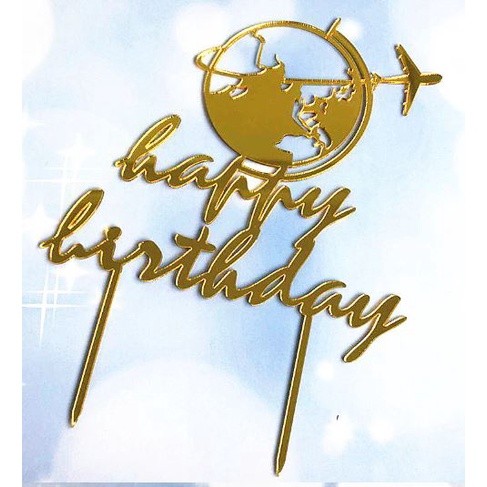 Happy Birthday Airplane Around the Earth Cake Golden Glitter Acrylic Cupcake Toppers(422L) - Image 2