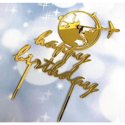 Happy Birthday Airplane Around the Earth Cake Golden Glitter Acrylic Cupcake Toppers(422L) - Image 3