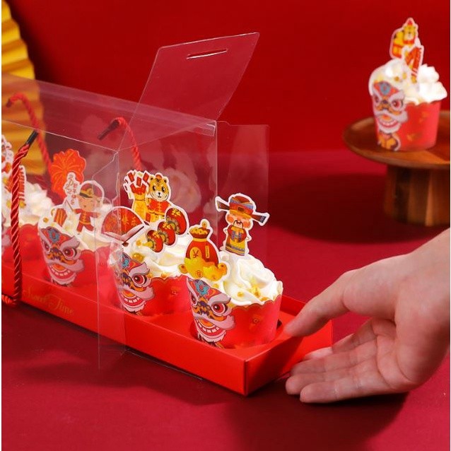 1pcs Chinese new year Cupcake Packaging Handle Box With Clear Window Party Handmade Cake Dessert Kids Favors Box(2043L) - Image 2