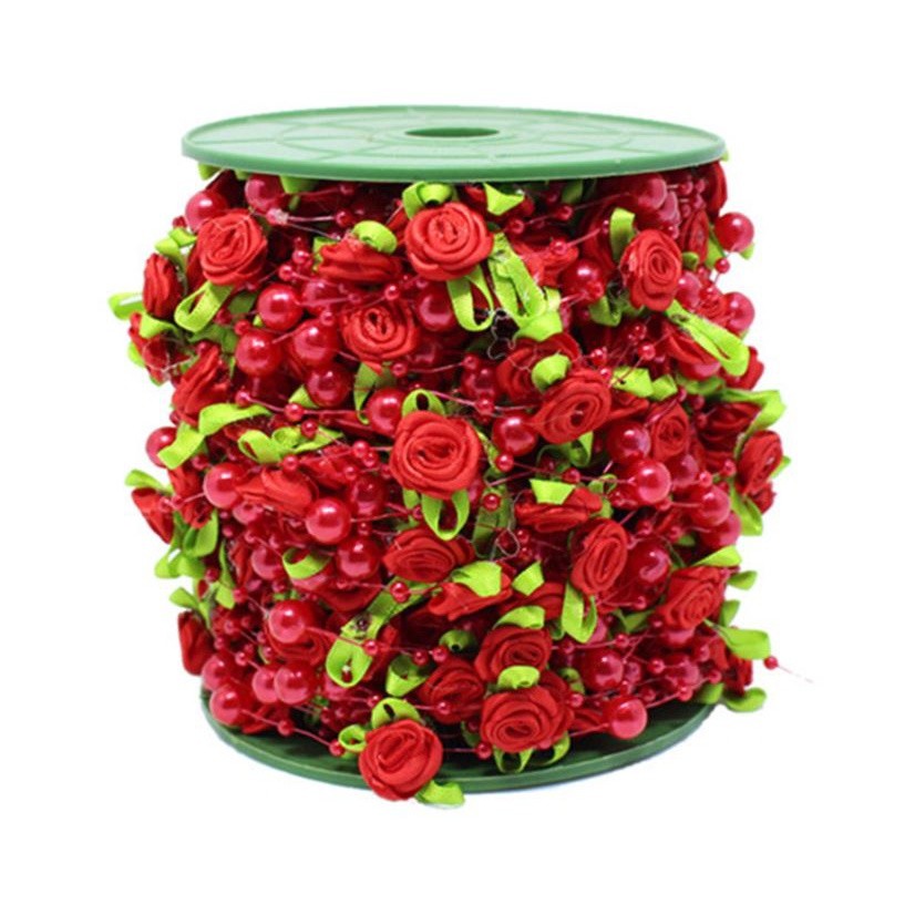 1yard Fishing Line Artificial Pearls Beads Handmade Silk Rose Chain Garland Flower DIY Wedding 玫瑰仿珍珠叶串珠丝带 (1174L) - Image 16