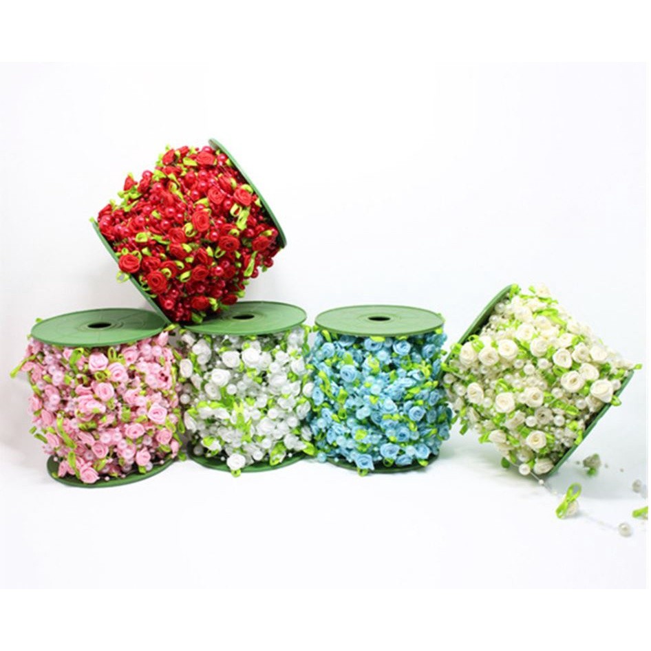 1yard Fishing Line Artificial Pearls Beads Handmade Silk Rose Chain Garland Flower DIY Wedding 玫瑰仿珍珠叶串珠丝带 (1174L) - Image 13