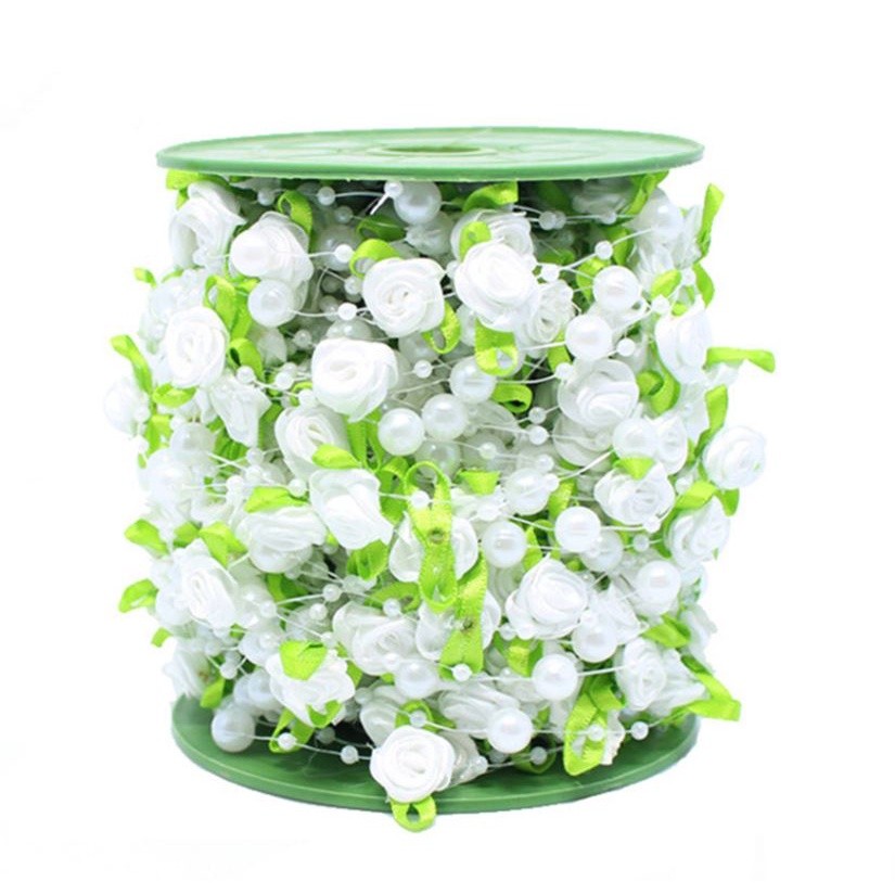1yard Fishing Line Artificial Pearls Beads Handmade Silk Rose Chain Garland Flower DIY Wedding 玫瑰仿珍珠叶串珠丝带 (1174L) - Image 11