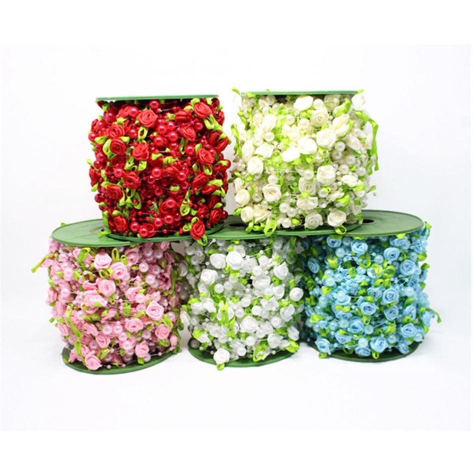 1yard Fishing Line Artificial Pearls Beads Handmade Silk Rose Chain Garland Flower DIY Wedding 玫瑰仿珍珠叶串珠丝带 (1174L) - Image 2