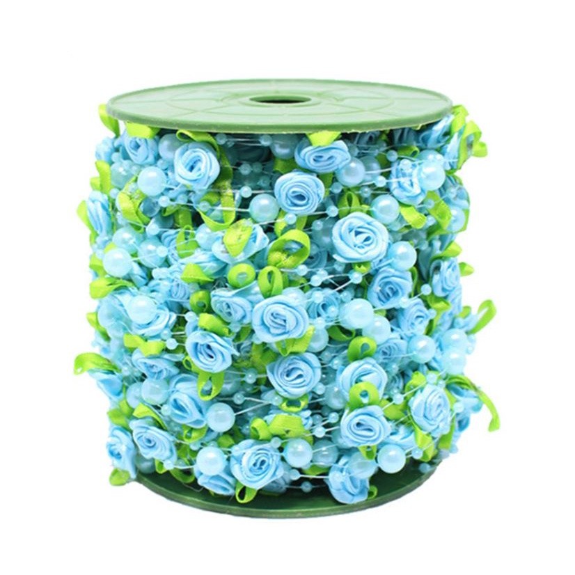 1yard Fishing Line Artificial Pearls Beads Handmade Silk Rose Chain Garland Flower DIY Wedding 玫瑰仿珍珠叶串珠丝带 (1174L) - Image 10