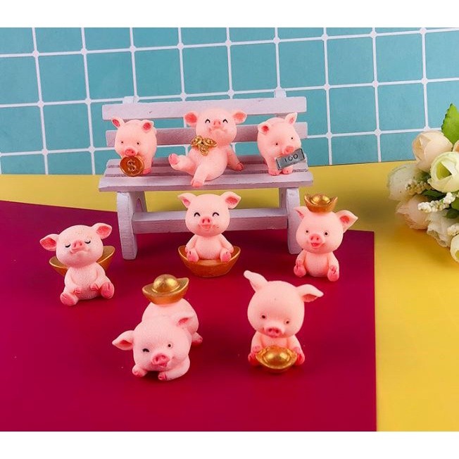 Micro Pig Family Figurine Resin Ornaments Miniature Model Mini Animal Statue Bonsai Decoration Garden Home(2058L)