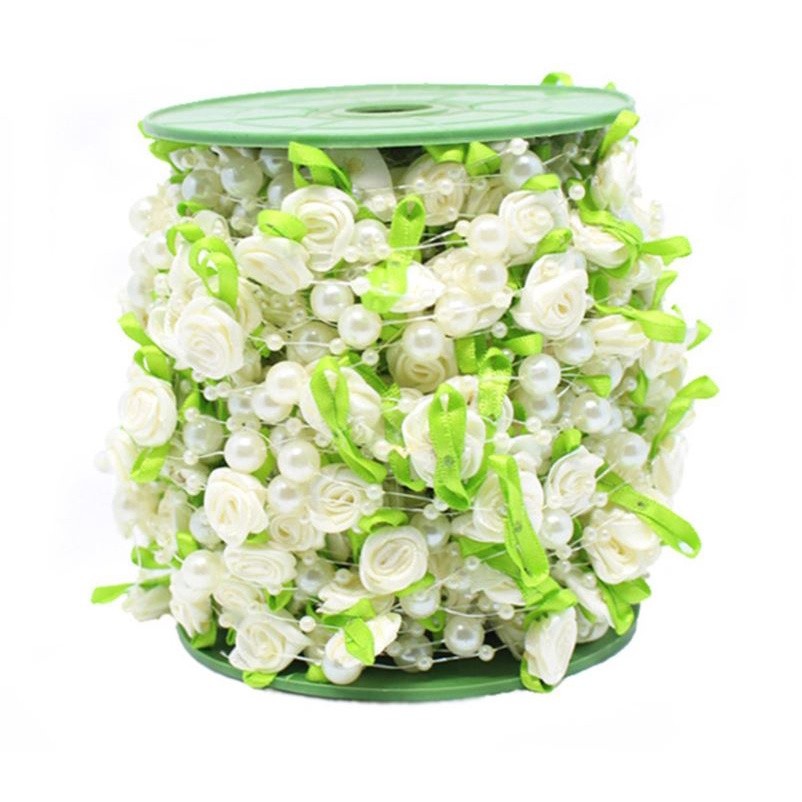 1yard Fishing Line Artificial Pearls Beads Handmade Silk Rose Chain Garland Flower DIY Wedding 玫瑰仿珍珠叶串珠丝带 (1174L) - Image 15