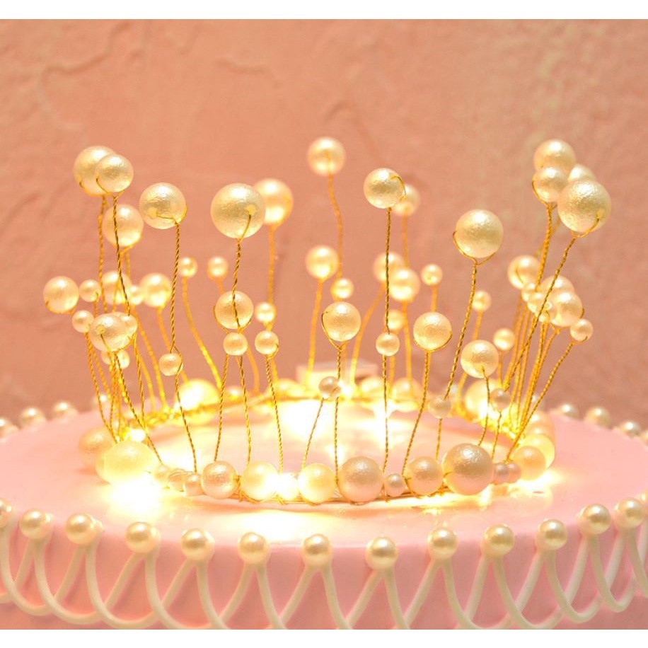 Light LED Lamp CakeTopper Pearl Princess Crown Cake Topper Happy Birthday Cake Decoration DIY Party Wedding Party(751L)