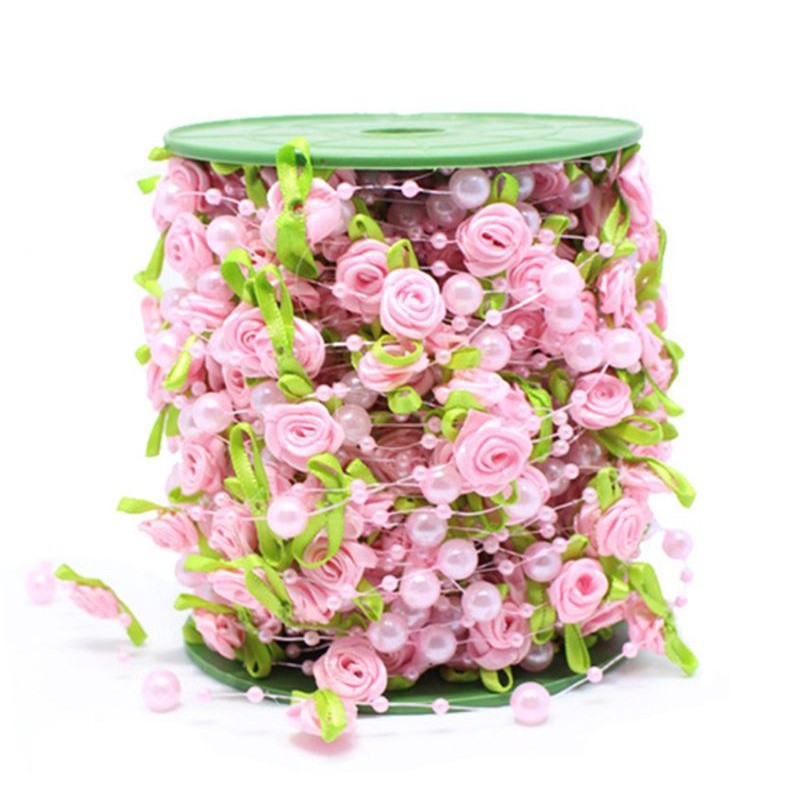 1yard Fishing Line Artificial Pearls Beads Handmade Silk Rose Chain Garland Flower DIY Wedding 玫瑰仿珍珠叶串珠丝带 (1174L) - Image 14