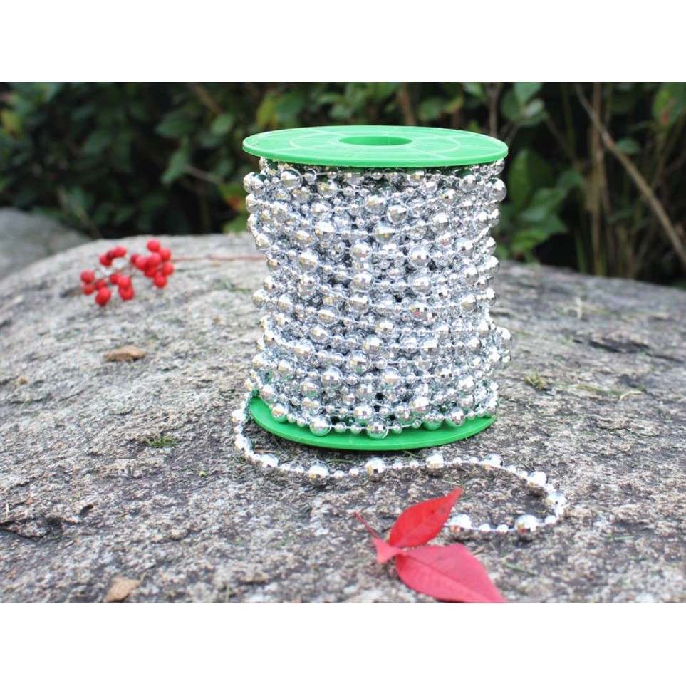 1yard 8+4mm Christmas Bead Chain Pendant Christmas Tree Decoration Pearl Beads Chain Ornament 电镀金银色珠链 (1159L) - Image 3