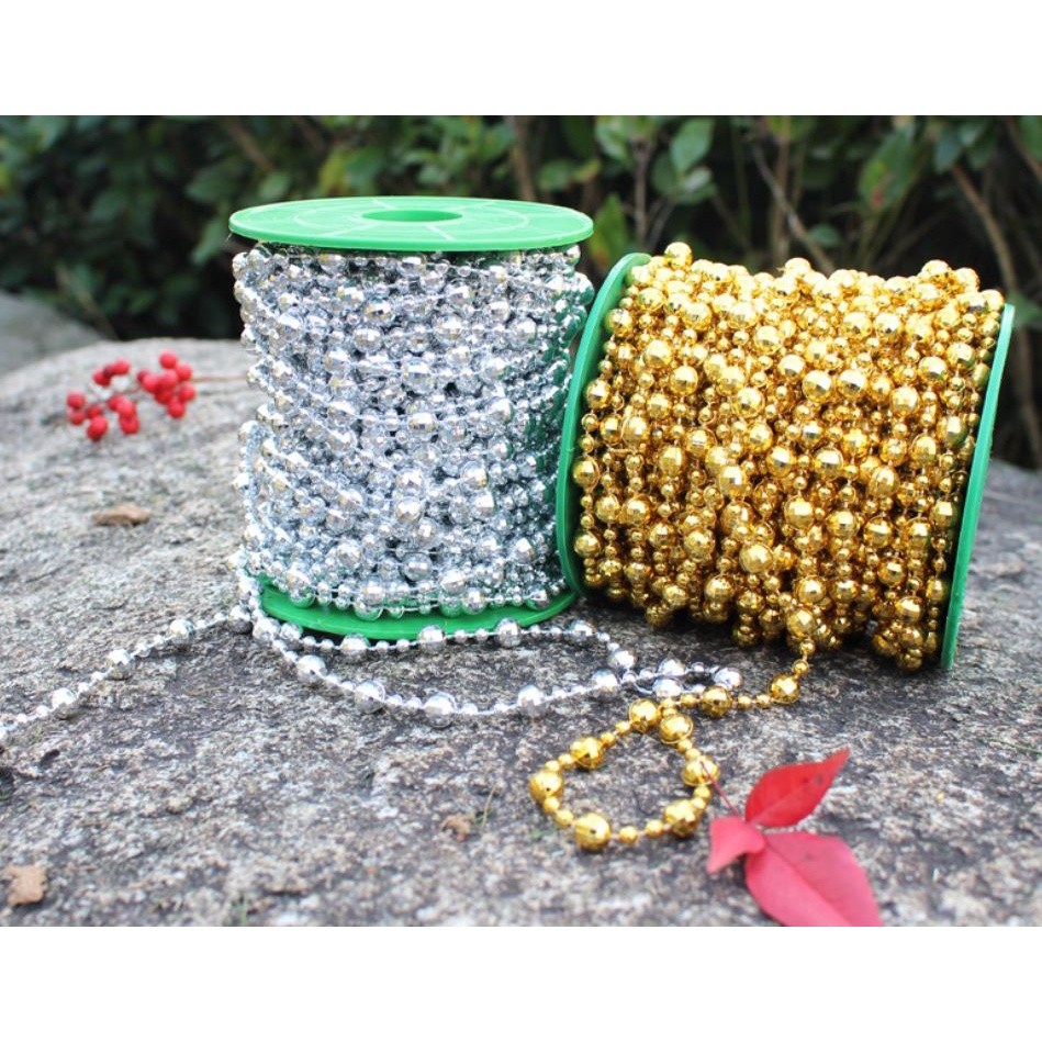 1yard 8+4mm Christmas Bead Chain Pendant Christmas Tree Decoration Pearl Beads Chain Ornament 电镀金银色珠链 (1159L)