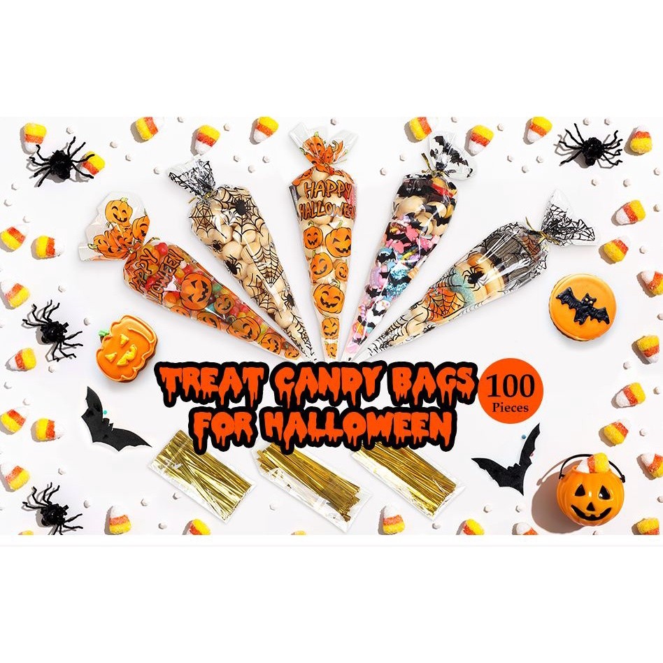 100pcs Counts Pumkin Cone Bag Halloween Pumpkin Patterned Cone Cellophane Bags Treat Candy Bags(841L)