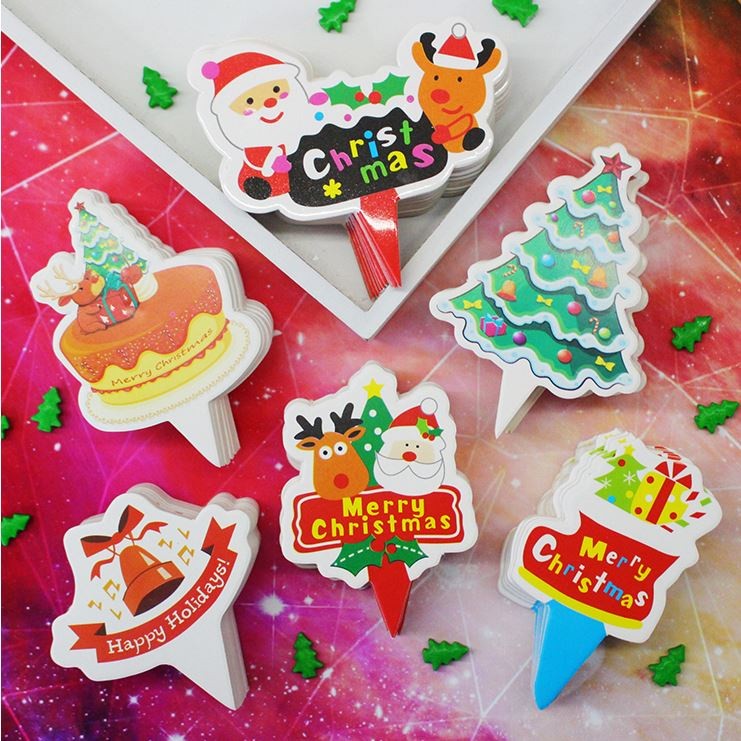 20pcs/pack Christmas Cake Topper Santa Gingerbread House Train Tree Elk Insert Card Xmas New Year Eve Party (1591L)