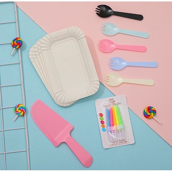 1 Set Plastic Plate Fork Knife Suit Disposable Birthday Cake Tableware Happy Birthday Accessories Home Party (2162L)