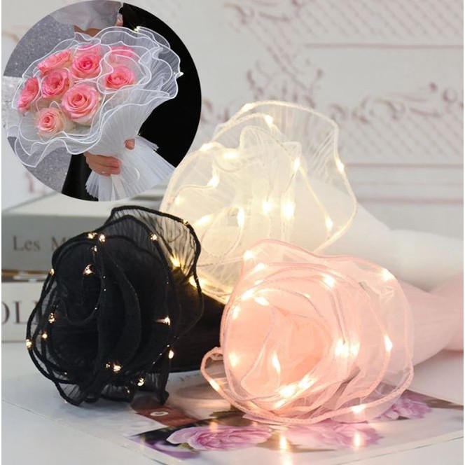 Wave Yarn Flower Wrapping Paper With Led Lights Valentines Wedding Bouquet Gift Packing Lace Mesh (2106L)