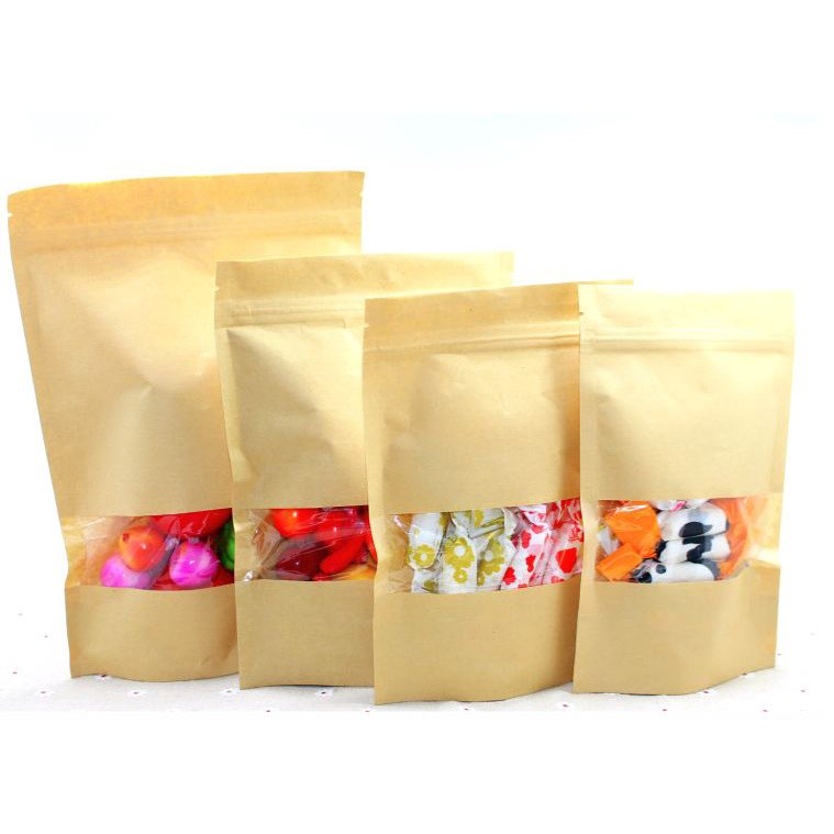 100Pcs/lot 9x14cm Brown Kraft Paper Gift Bags Candy Packaging Recyclable Zip Lock Bag Food Bread Shopping Party(155L)