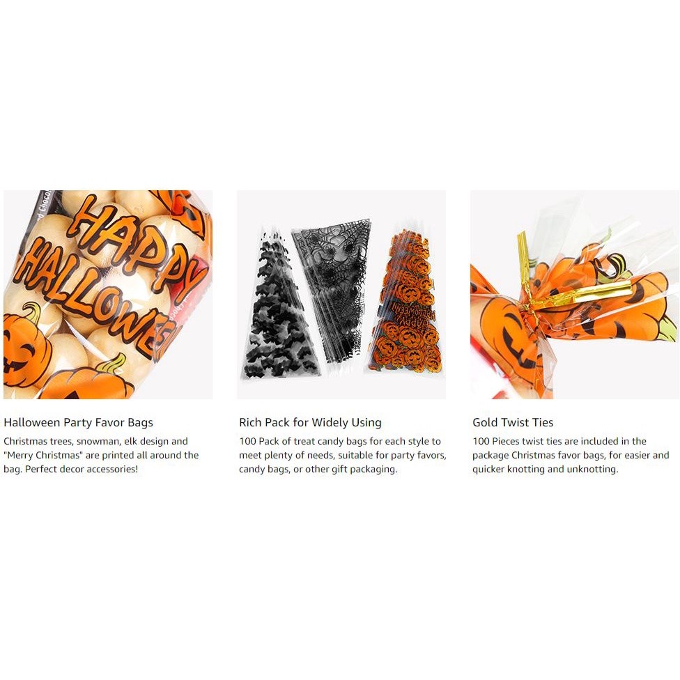 100pcs Counts Pumkin Cone Bag Halloween Pumpkin Patterned Cone Cellophane Bags Treat Candy Bags(841L) - Image 3