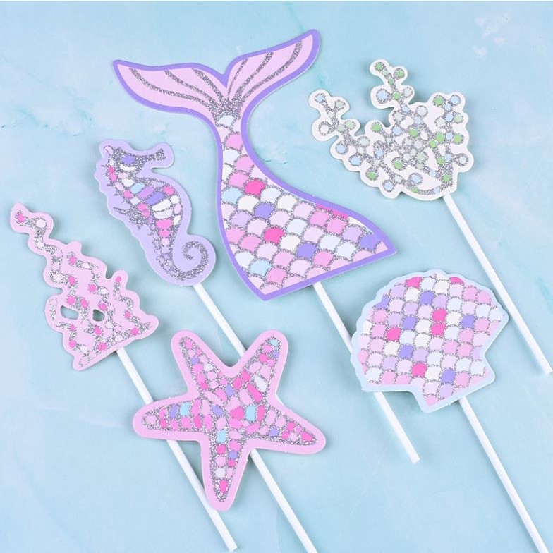 6Pcs/Pack Mermaid Tail Starfish Cupcake Topper Birthday Party Decorations Wedding Cake Decoration(1465L) - Image 2
