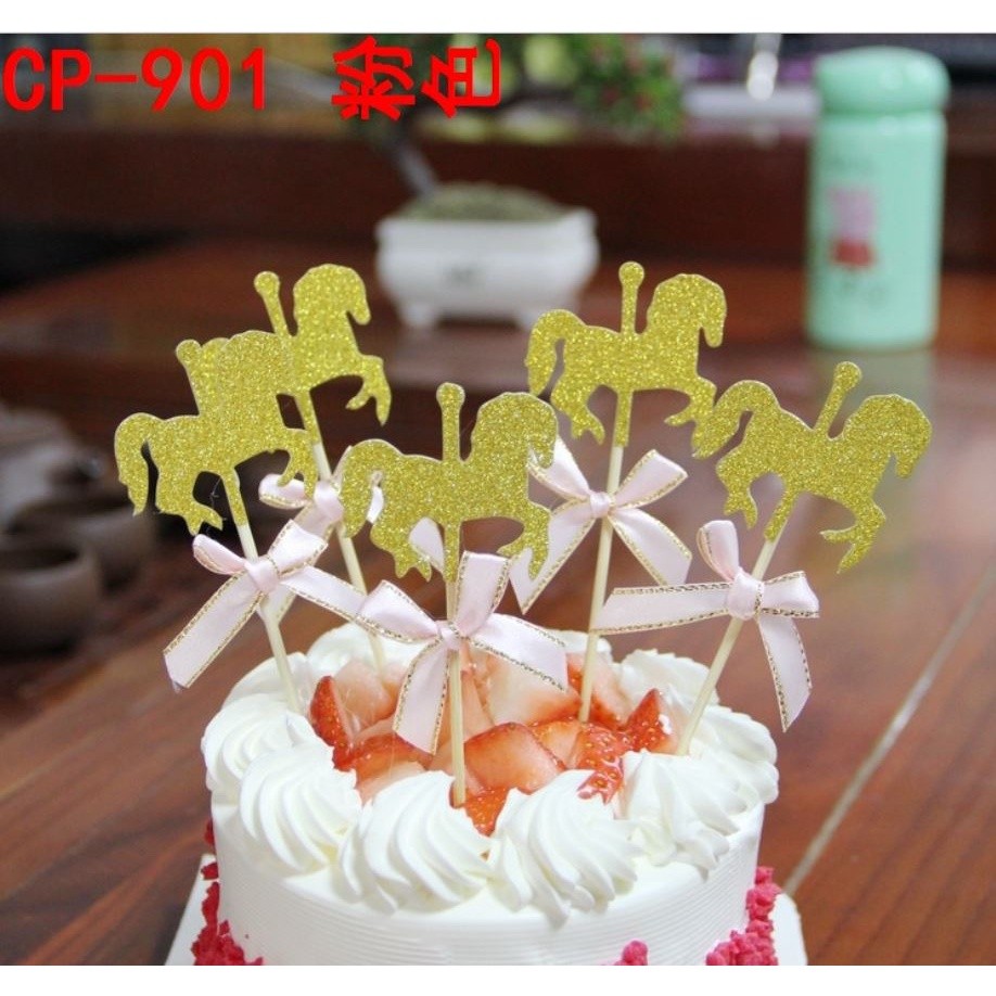 5pcs Horse Cupcake Topper With Bow tie Glitter Gold Carousel Wedding Birthday Party 旋转木马烘焙甜品插牌 (400L) - Image 2