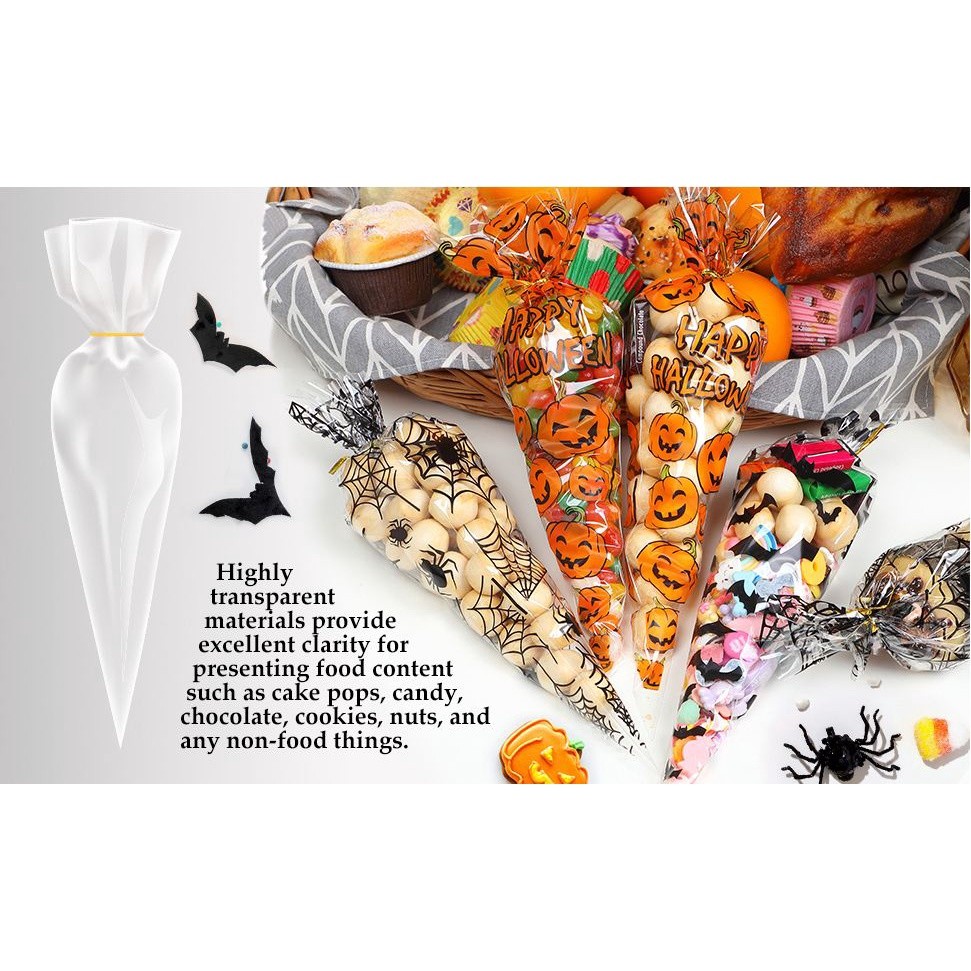 100pcs Counts Pumkin Cone Bag Halloween Pumpkin Patterned Cone Cellophane Bags Treat Candy Bags(841L) - Image 4