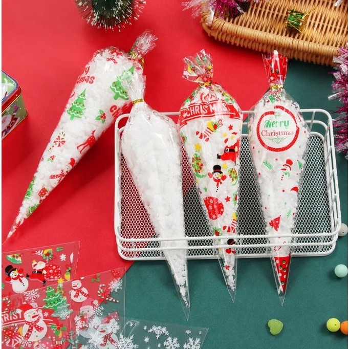 100PCS Christmas Snowflake Santa Clear Cone Treat Bags Cellophane Treat Bags Plastic Cone Bags Bags(2195L) - Image 2