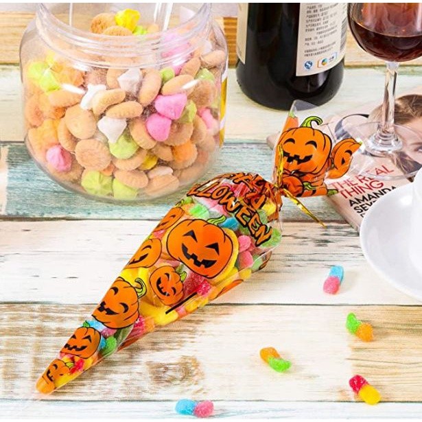 100pcs Counts Pumkin Cone Bag Halloween Pumpkin Patterned Cone Cellophane Bags Treat Candy Bags(841L) - Image 5