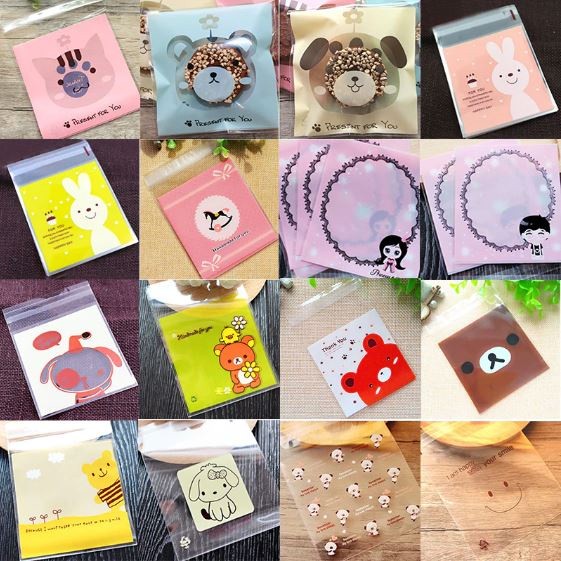100pcs 10x10cm Cute Cartoon Gifts Bags Cookie Packaging Self-adhesive Plastic Bags For Biscuits Candy Food(164L)