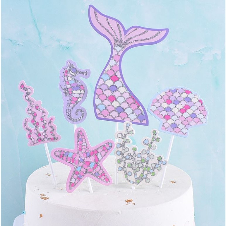 6Pcs/Pack Mermaid Tail Starfish Cupcake Topper Birthday Party Decorations Wedding Cake Decoration(1465L)