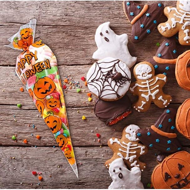 100pcs Counts Pumkin Cone Bag Halloween Pumpkin Patterned Cone Cellophane Bags Treat Candy Bags(841L) - Image 6